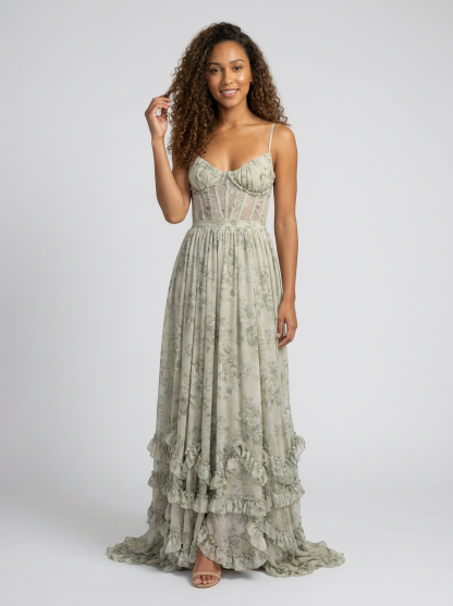 Aurelia Floral Bustier Maxi Dress - Sage Blossom