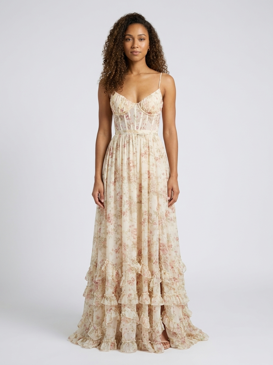 Aurelia Floral Bustier Maxi Dress - Champagne Blush