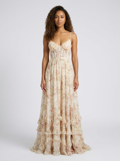 Aurelia Floral Bustier Maxi Dress - Champagne Blush