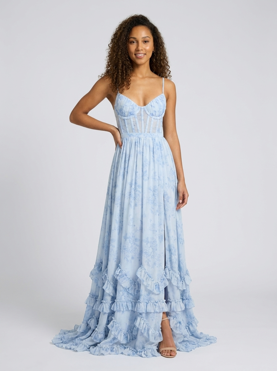 Aurelia Floral Bustier Maxi Dress - Powder Blue