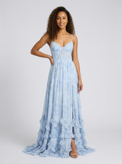 Aurelia Floral Bustier Maxi Dress - Powder Blue