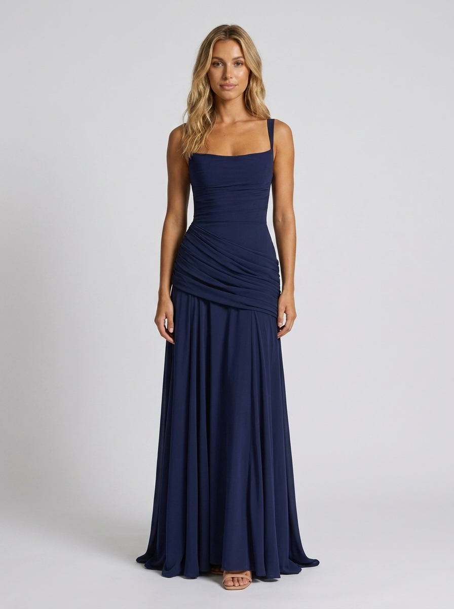 Elodie Pleated V Maxi Dress - Blue