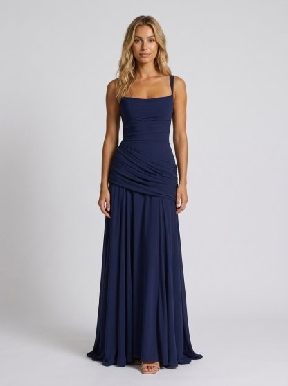 Elodie Pleated V Maxi Dress - Blue