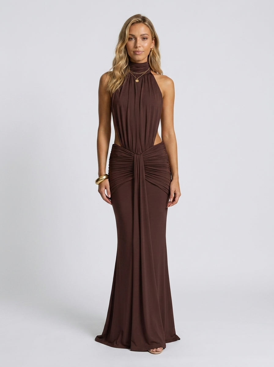 Delphine Cutout Halter Maxi Dress - Brown