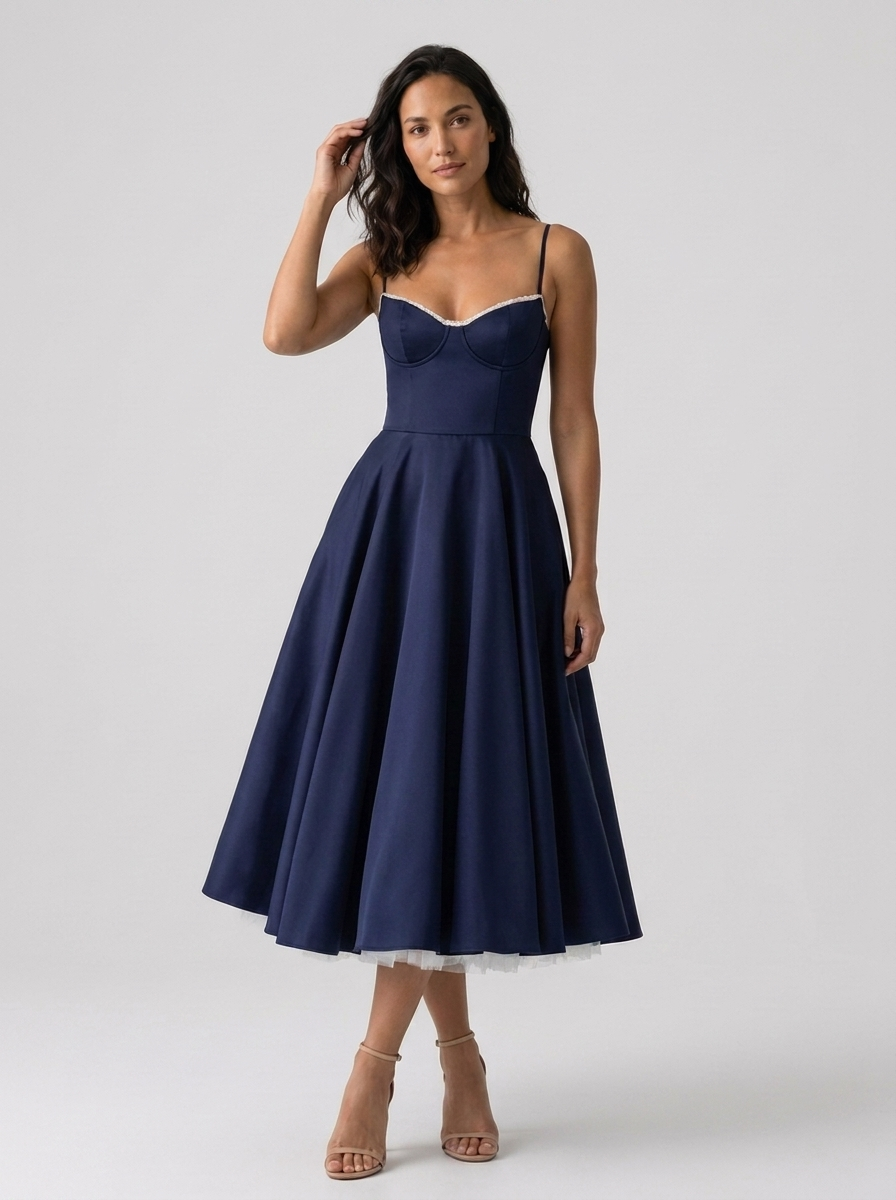Eliana Bustier Sweetheart Midi Dress - Dark Blue