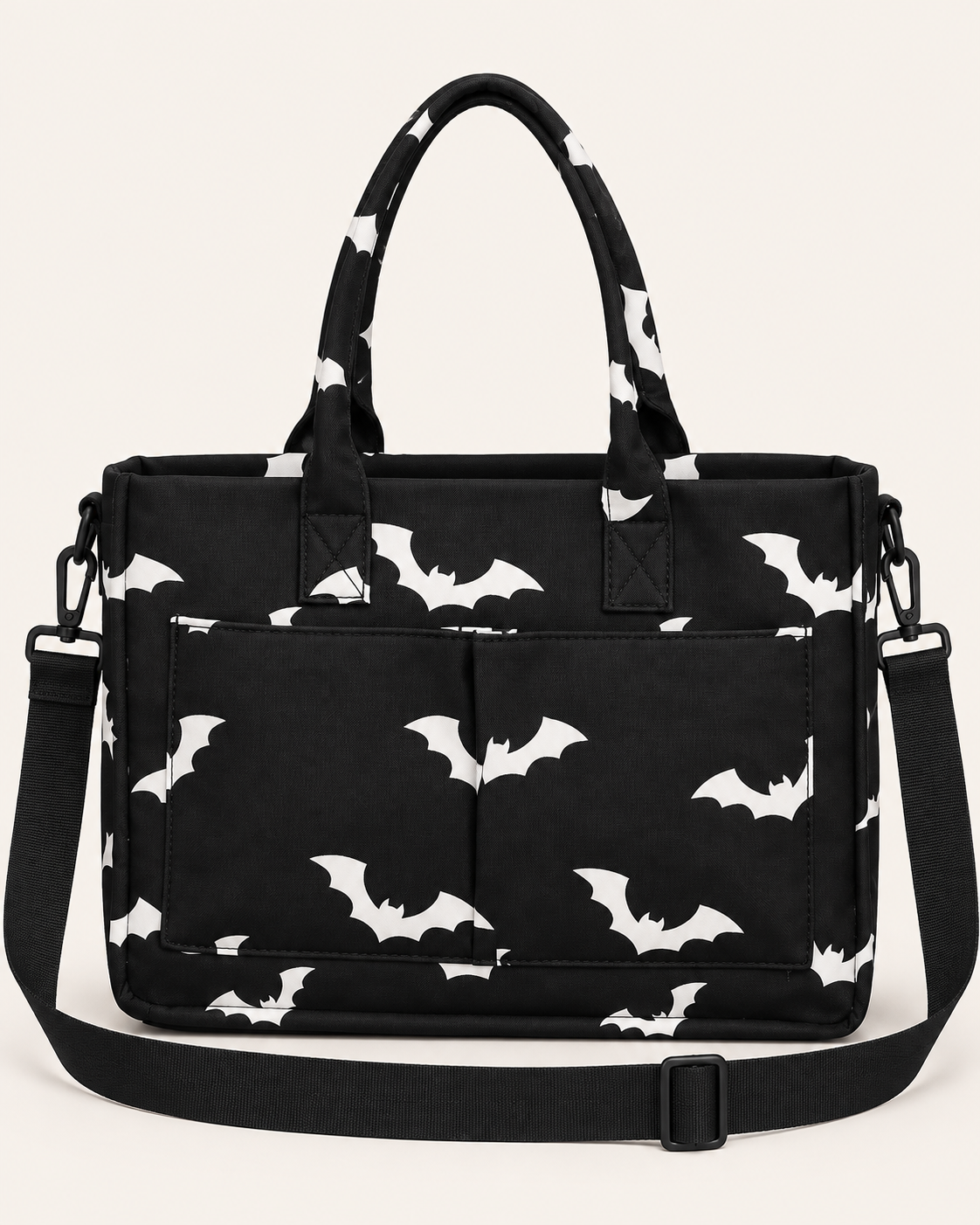 BLACK BAT PRINT MULTI-POCKET TOTE BAG