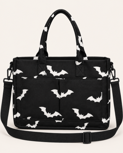 BLACK BAT PRINT MULTI-POCKET TOTE BAG