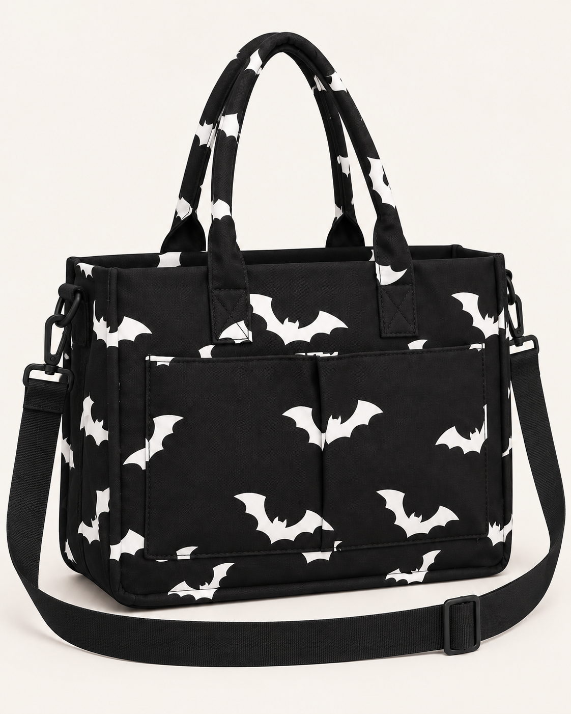 BLACK BAT PRINT MULTI-POCKET TOTE BAG