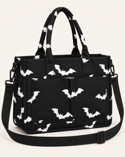BLACK BAT PRINT MULTI-POCKET TOTE BAG