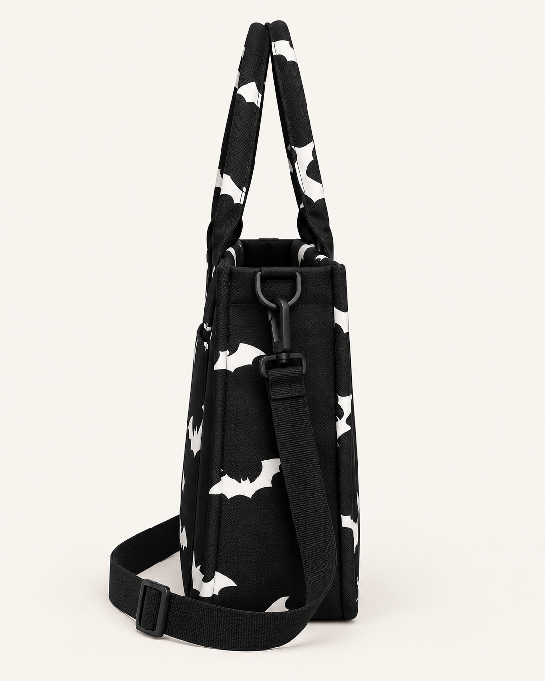 BLACK BAT PRINT MULTI-POCKET TOTE BAG