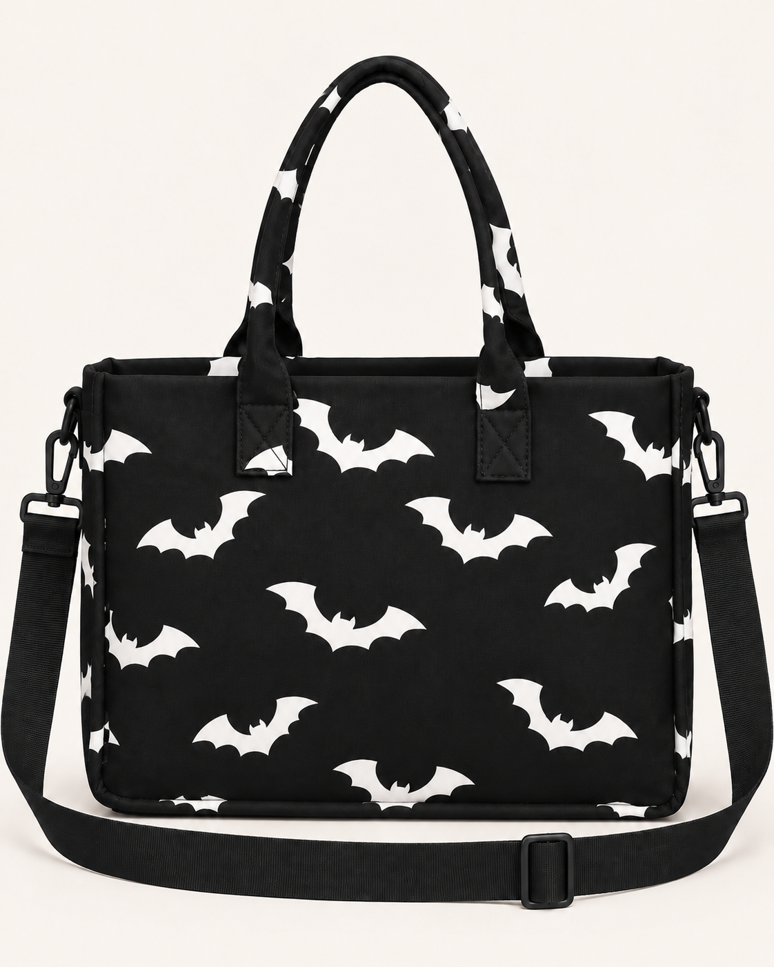 BLACK BAT PRINT MULTI-POCKET TOTE BAG