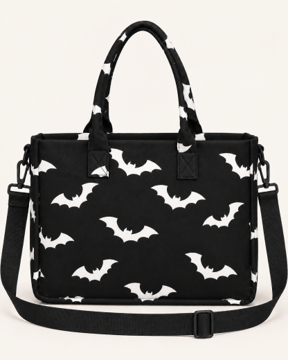 BLACK BAT PRINT MULTI-POCKET TOTE BAG