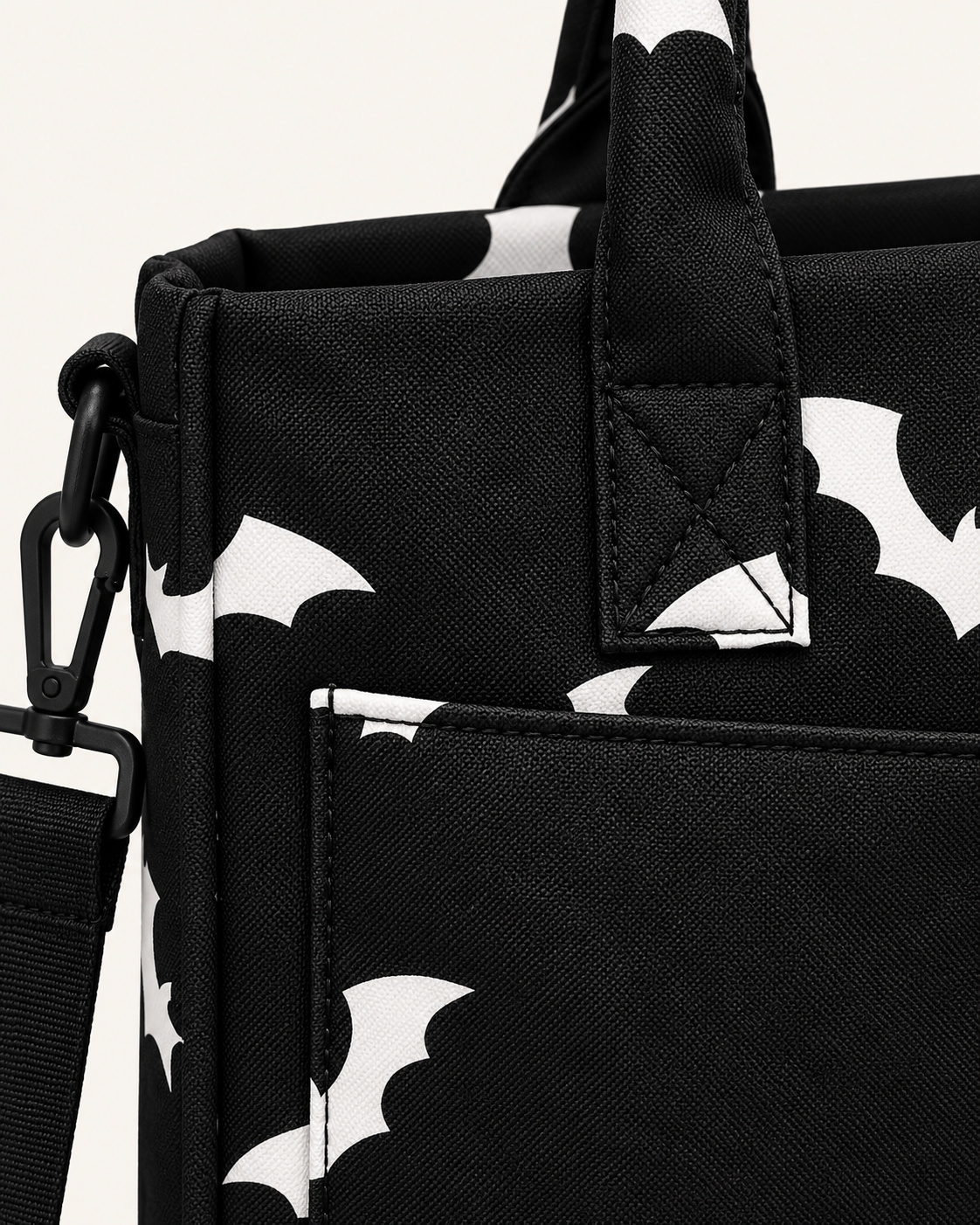 BLACK BAT PRINT MULTI-POCKET TOTE BAG