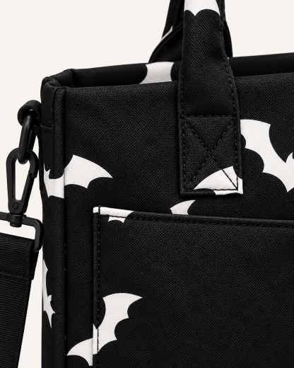 BLACK BAT PRINT MULTI-POCKET TOTE BAG