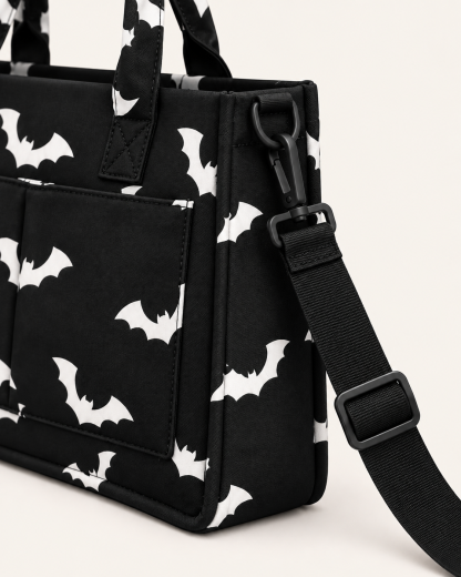 BLACK BAT PRINT MULTI-POCKET TOTE BAG