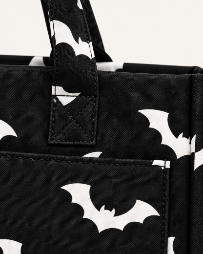 BLACK BAT PRINT MULTI-POCKET TOTE BAG