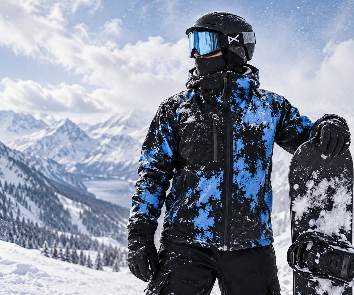 Water-reactive blue snow jacket in mountain conditions