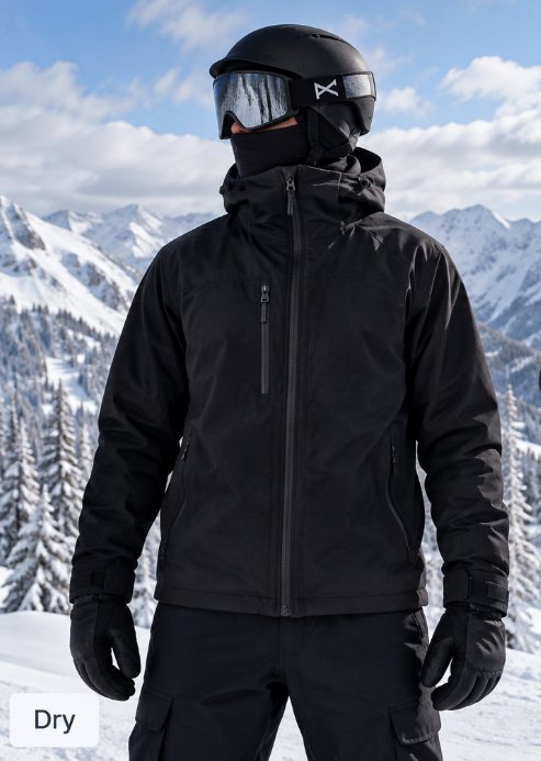 Black technical snow jacket shown dry