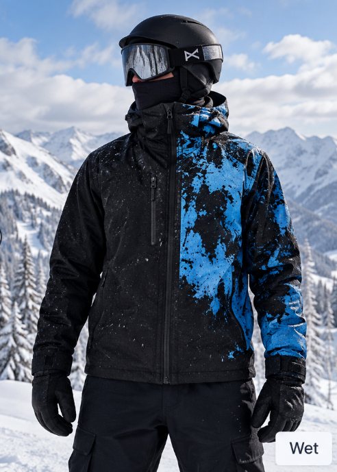 Blue color-shift pattern visible on a wet snow jacket