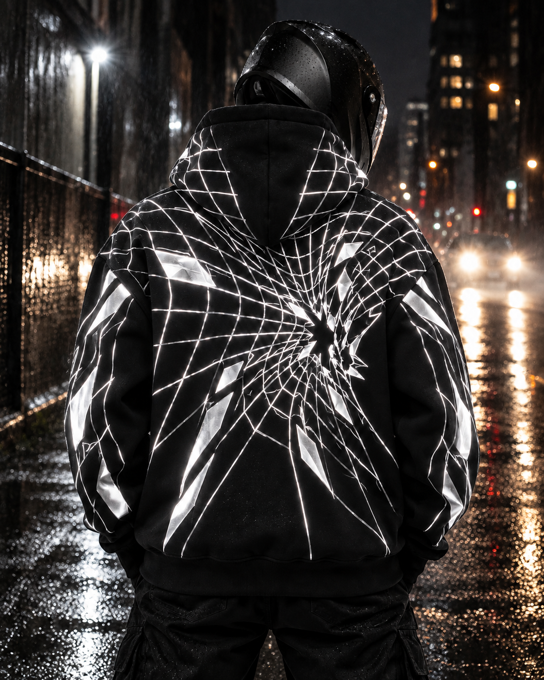 Web Grid Reflective Hoodie reflective back artwork illuminated at night