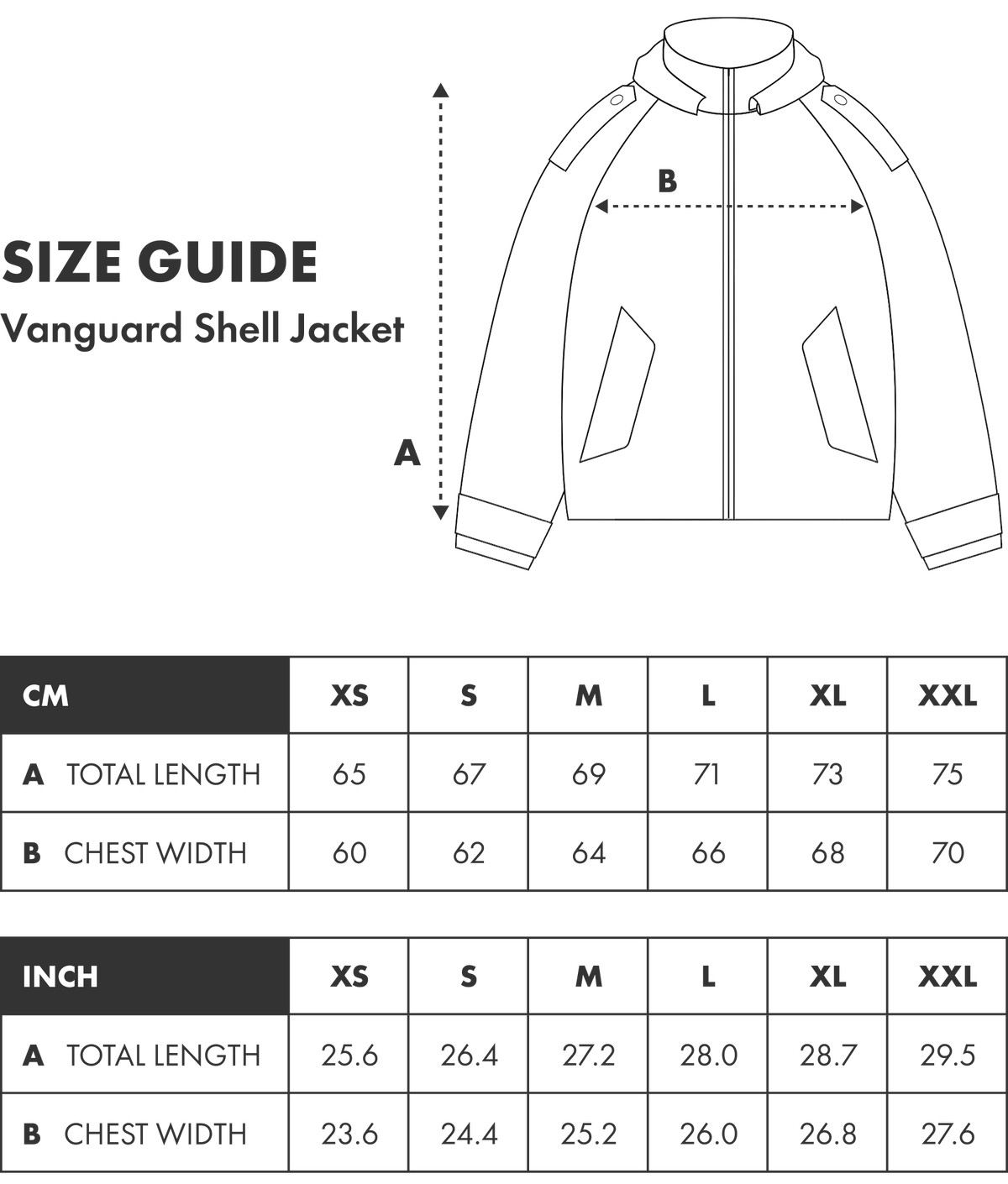 Water Reactive Vanguard Shell Jacket size guide