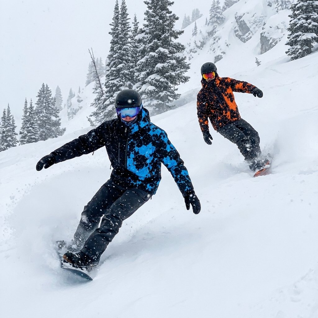 Blue and orange color-shift jackets during a snow activity
