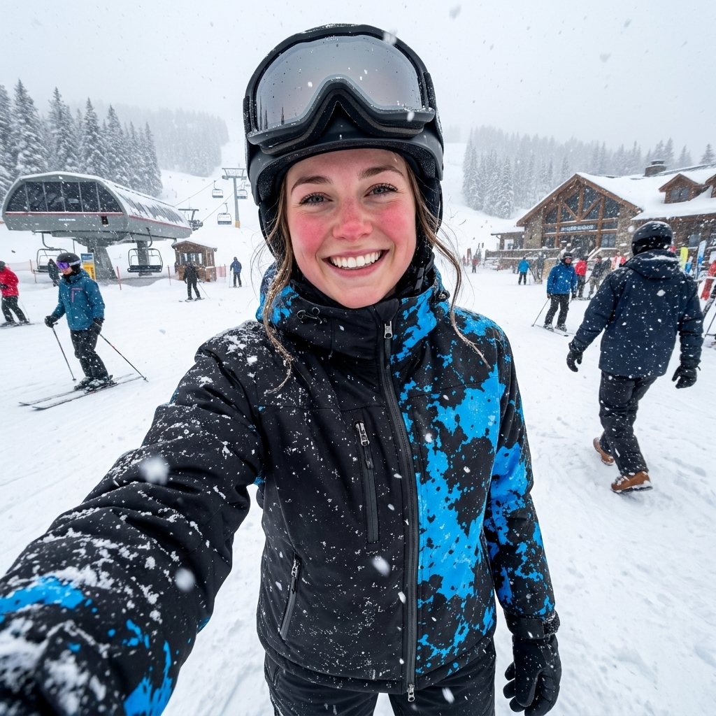 Blue color-shift jacket worn at a snowy resort