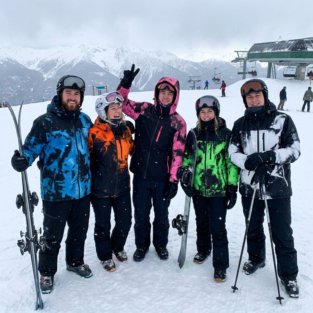 Group wearing multiple color-shift jacket colorways