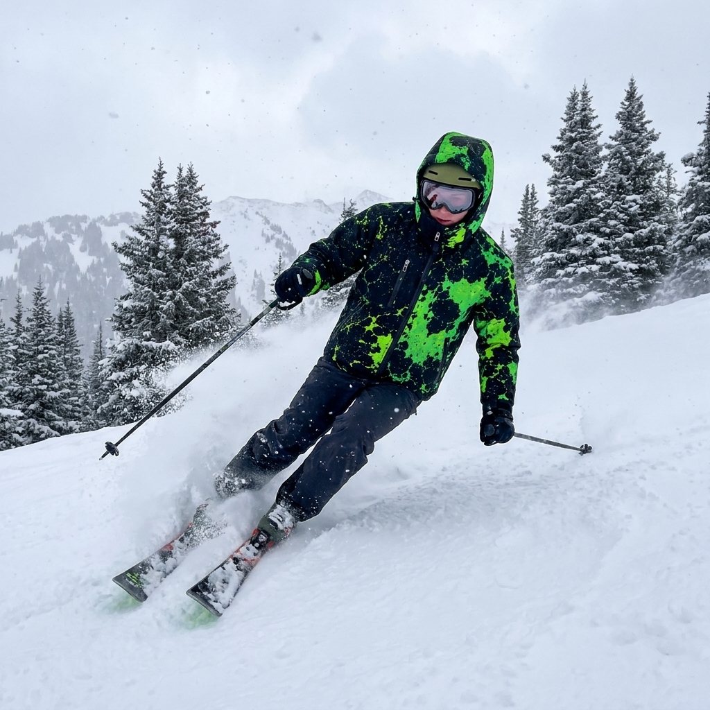 Green color-shift snow jacket worn while skiing
