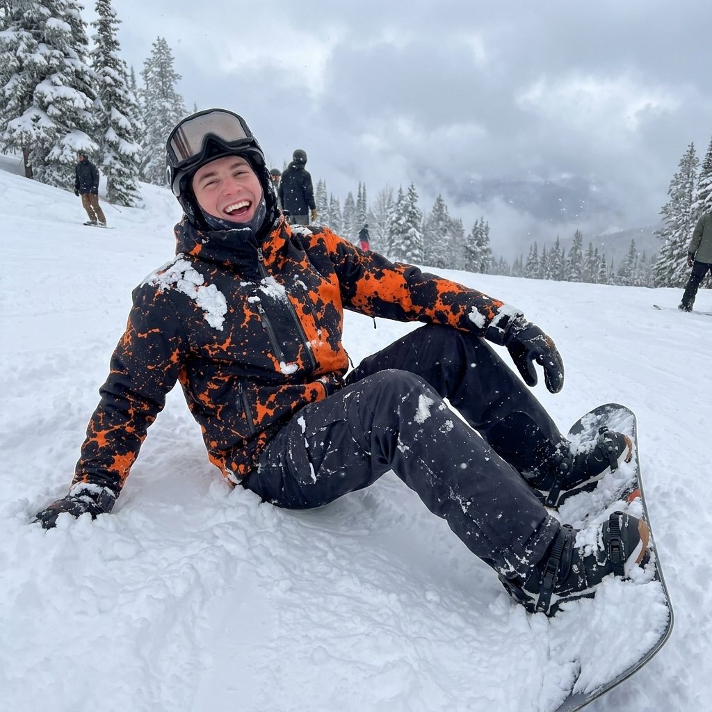 Orange color-shift jacket worn by a snowboarder