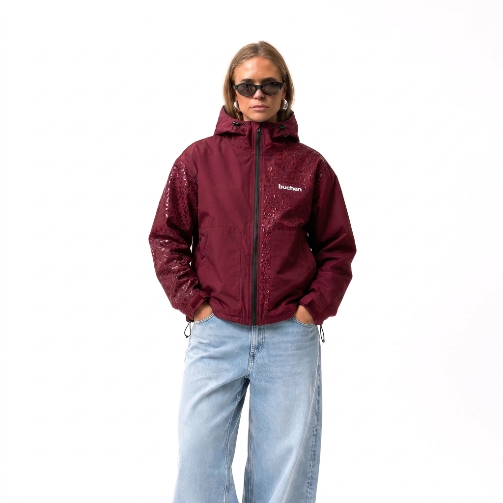 Water Reactive Cheetah Rain Jacket in Burgundy