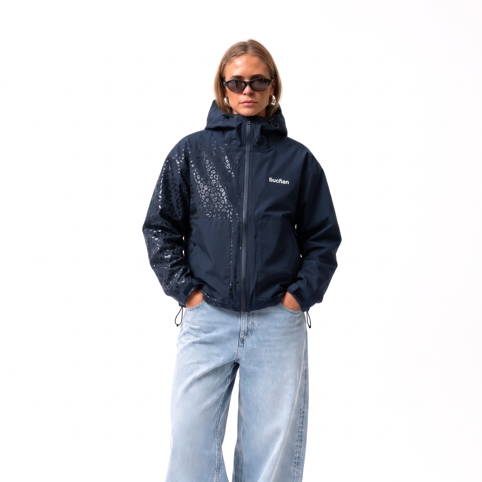Water Reactive Cheetah Rain Jacket in Navy