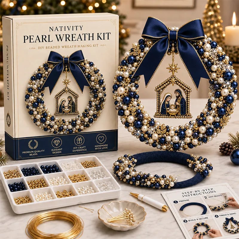 Nativity Christmas Pearl Wreath Kit in navy ivory and gold