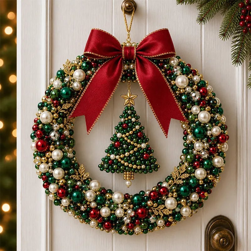 Finished handmade Christmas pearl wreath hanging on a door