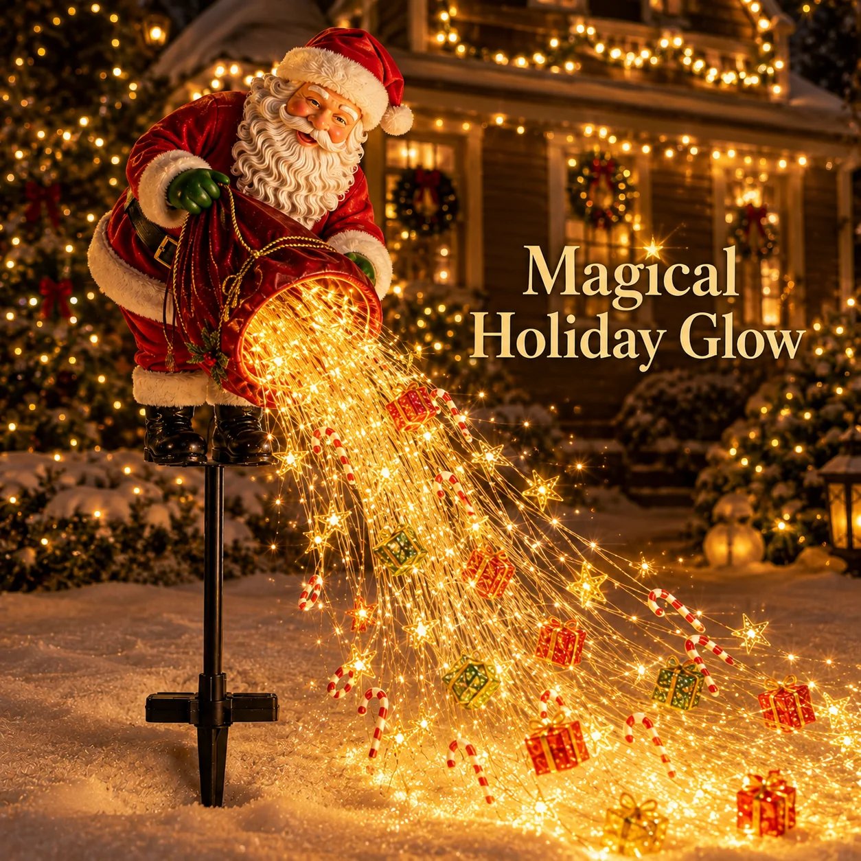Santa Christmas yard light glowing from another angle