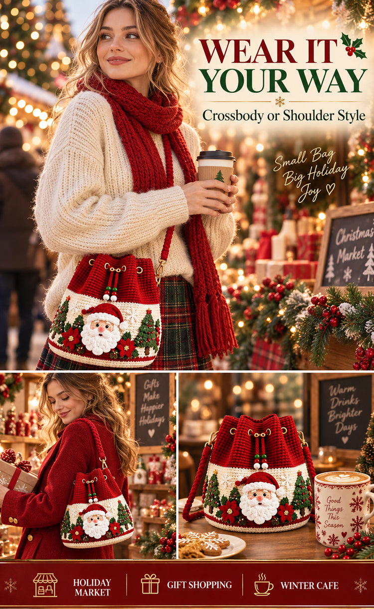 Woman wearing Christmas crochet bag as crossbody and shoulder bag