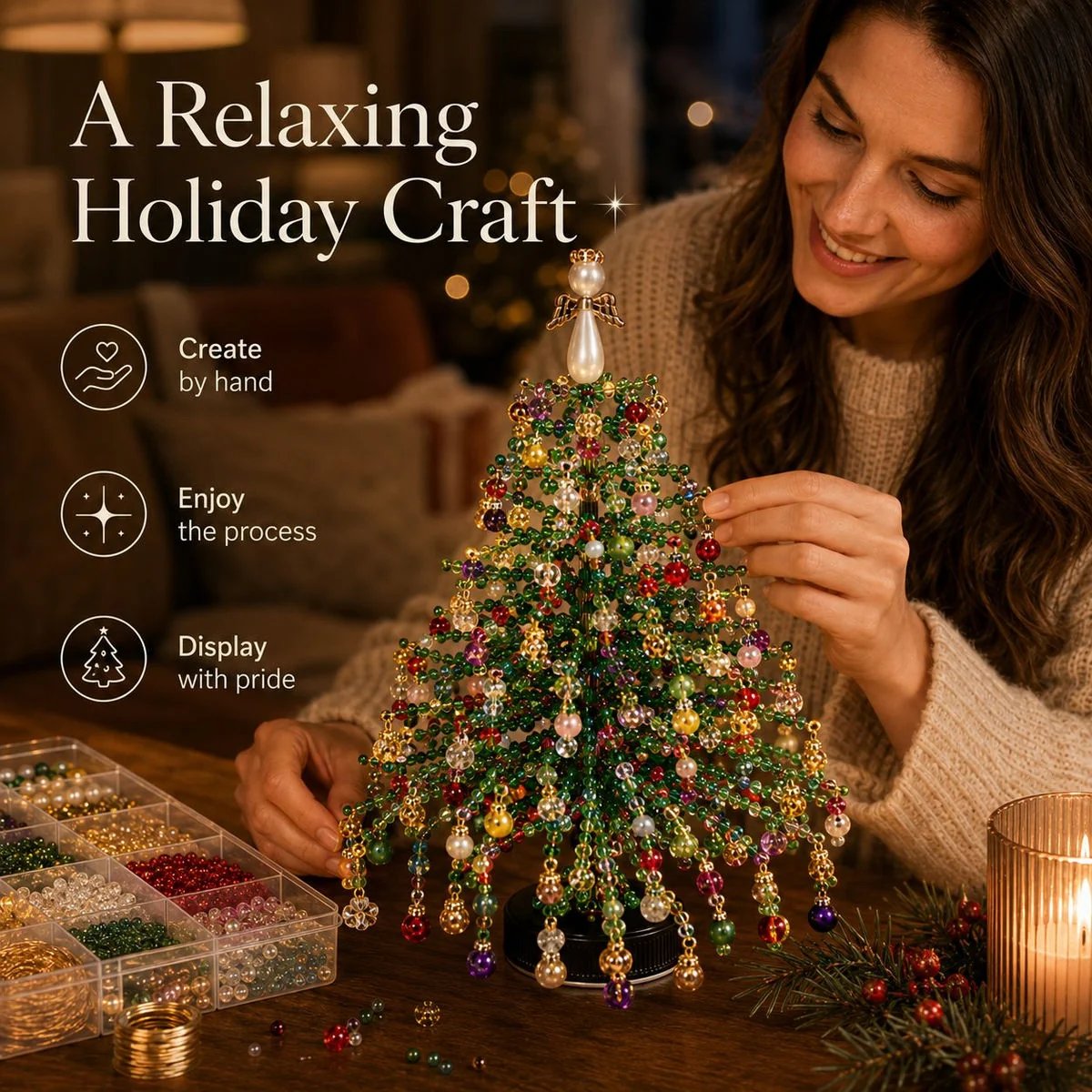 Beaded Christmas tree used as holiday home decor