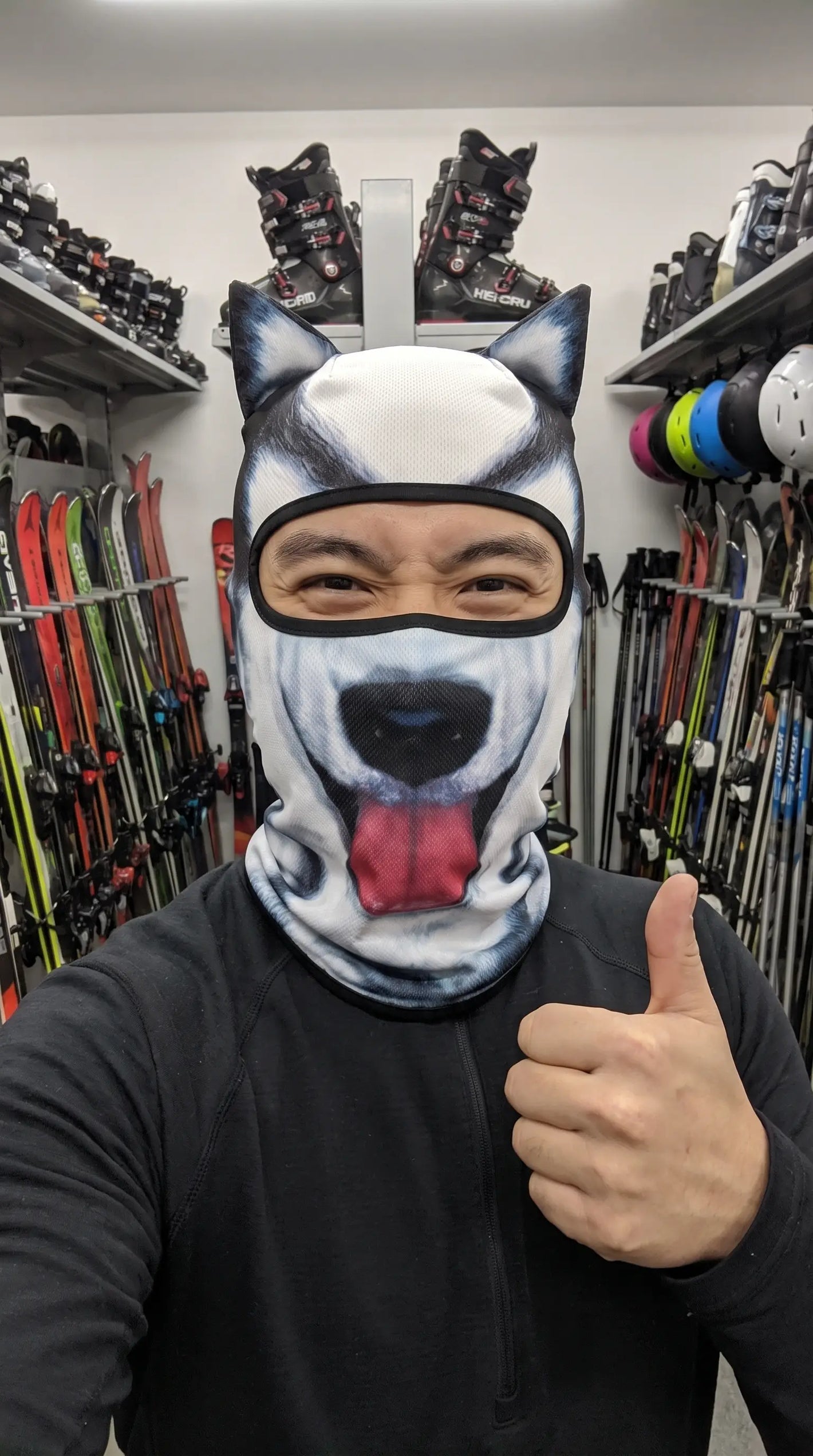 Close-up of a Snoutlift animal ski mask with goggles