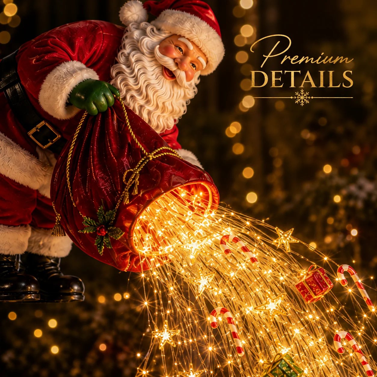 Close-up of Santa pouring glowing Christmas ornaments