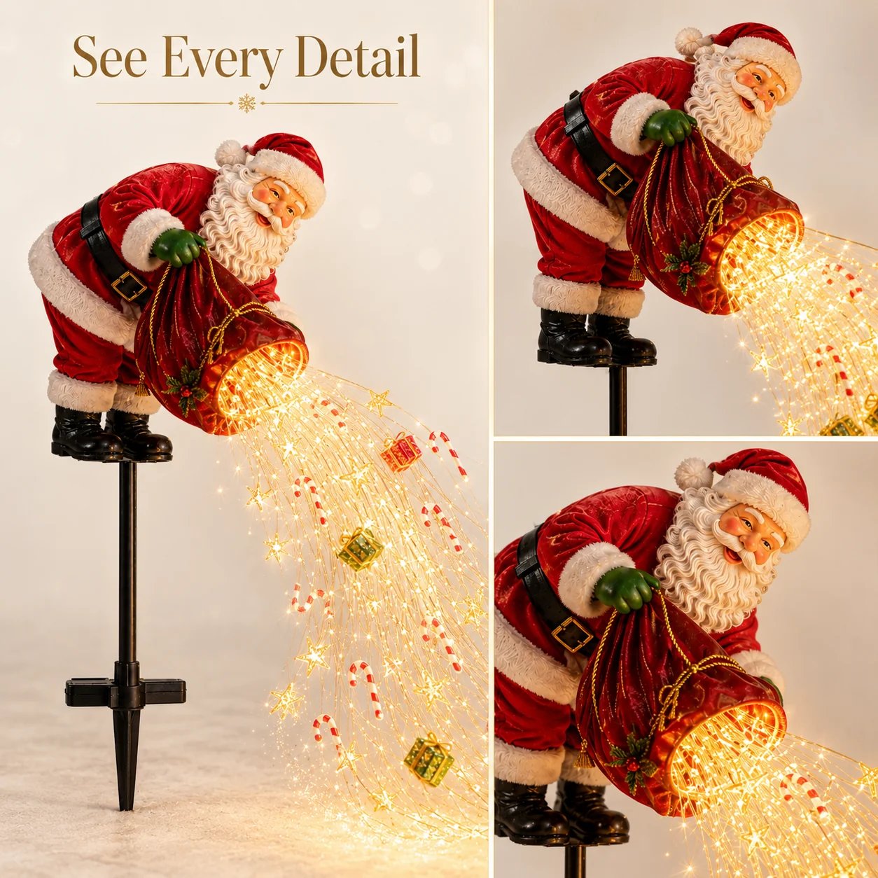 Multiple views of Santa Christmas garden light