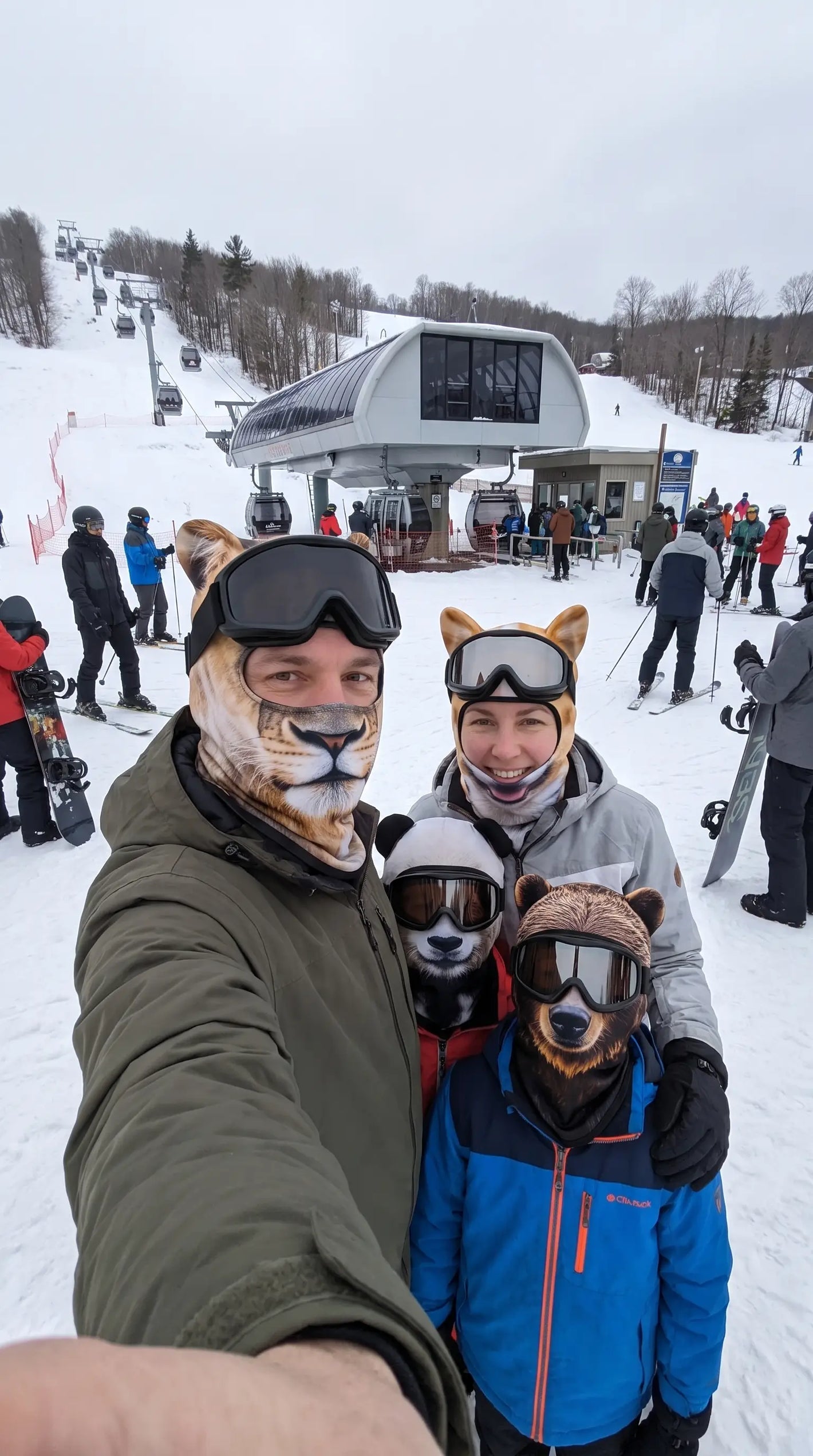 Family wearing different Snoutlift animal masks at the resort