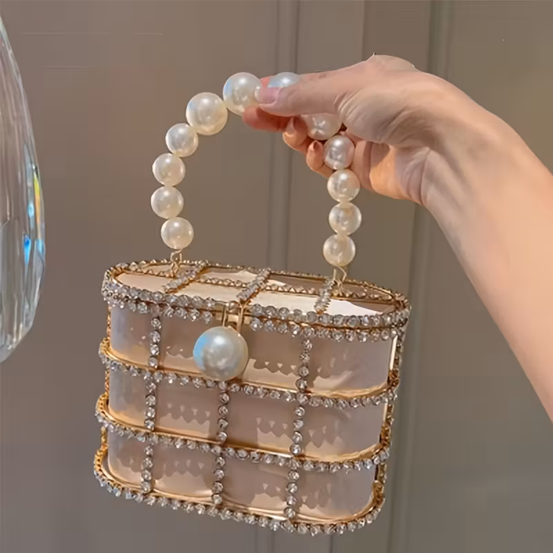 french metal vegetable basket inlaid diamond diamond bag evening hollow   pearl mobile phone clutch crossbody bag Product details 0
