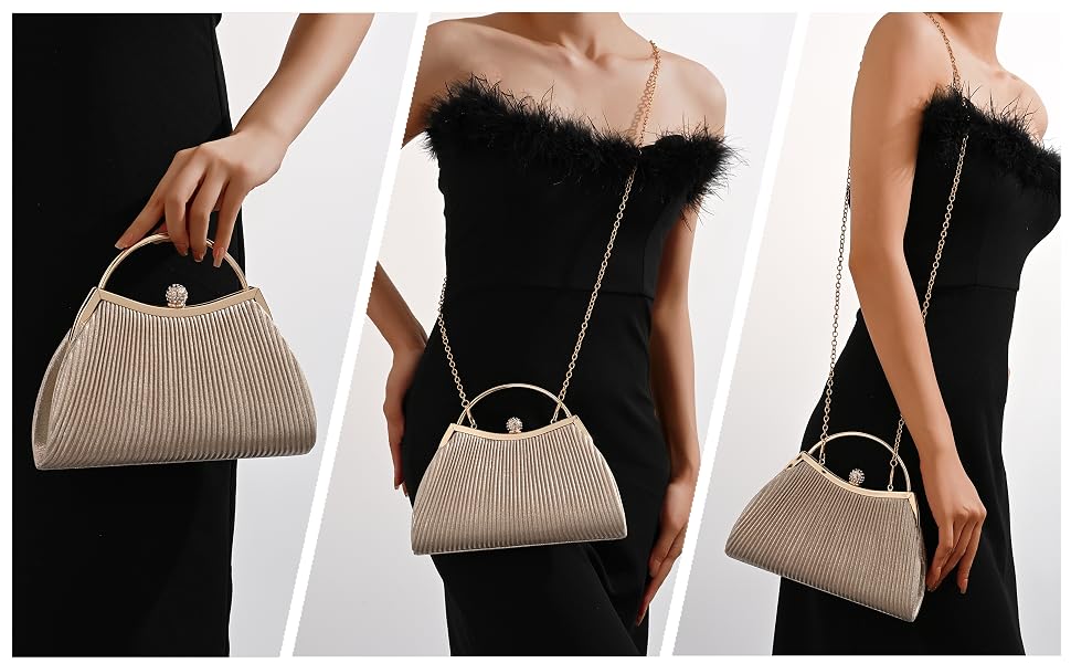 Flexible carrying options, allowing for handheld, shoulder, or crossbody wear to suit any occasion.
