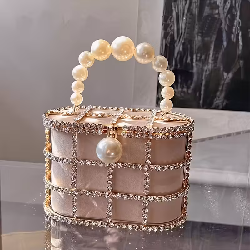 french metal vegetable basket inlaid diamond diamond bag evening hollow   pearl mobile phone clutch crossbody bag Product details 5