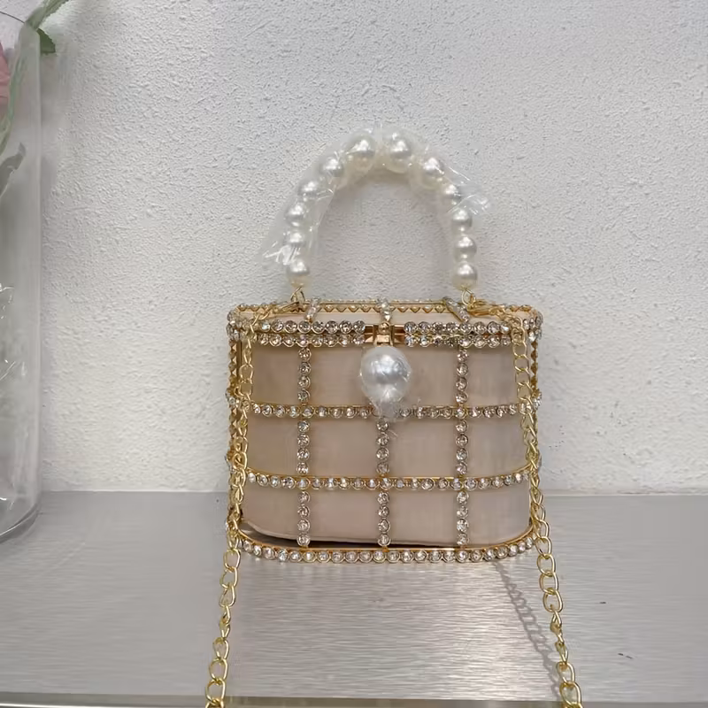 french metal vegetable basket inlaid diamond diamond bag evening hollow   pearl mobile phone clutch crossbody bag Product details 3