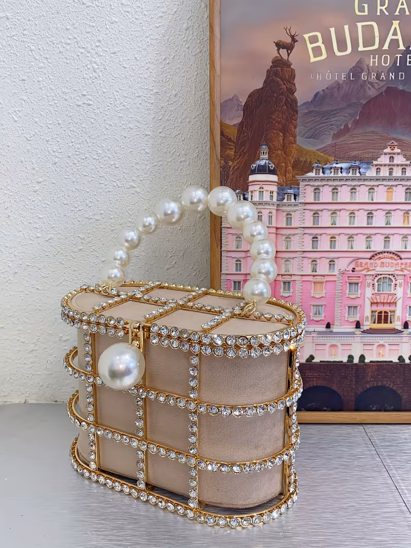 french metal vegetable basket inlaid diamond diamond bag evening hollow   pearl mobile phone clutch crossbody bag Product details 7