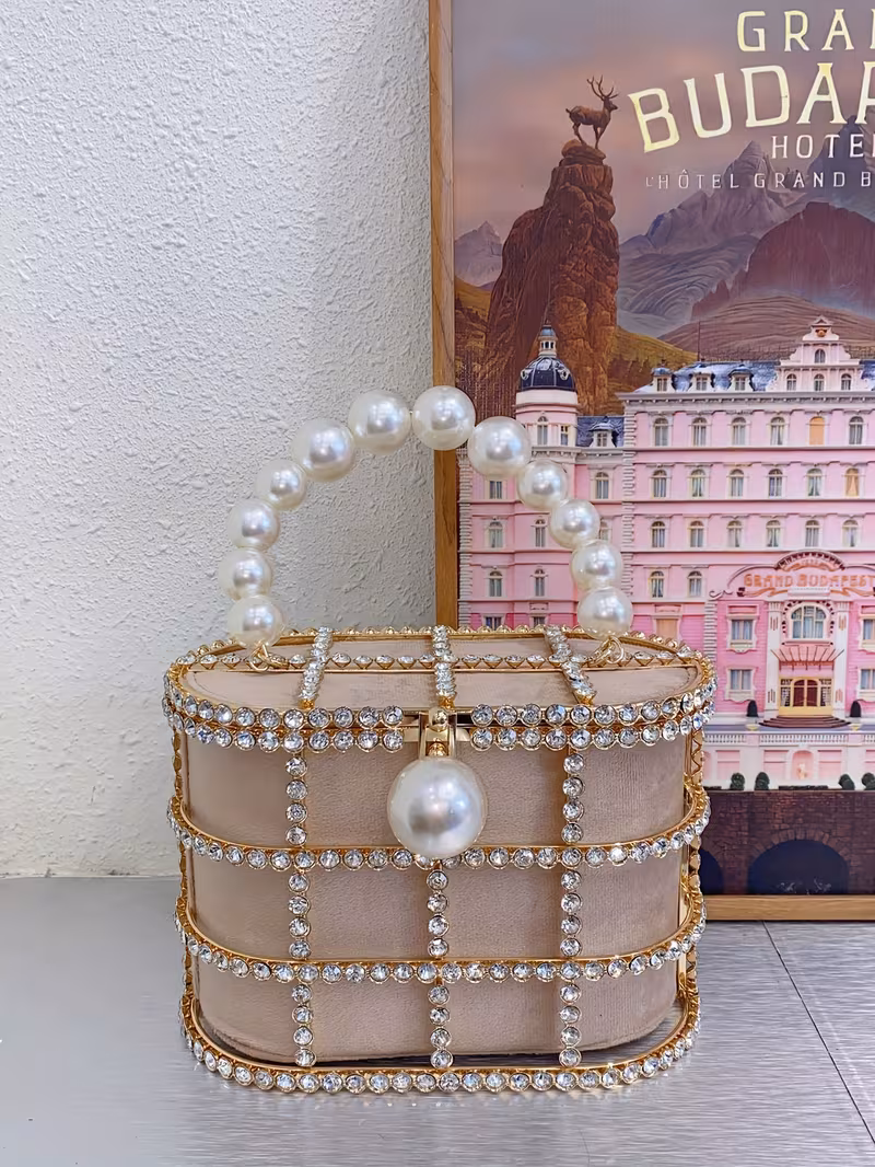french metal vegetable basket inlaid diamond diamond bag evening hollow   pearl mobile phone clutch crossbody bag Product details 6