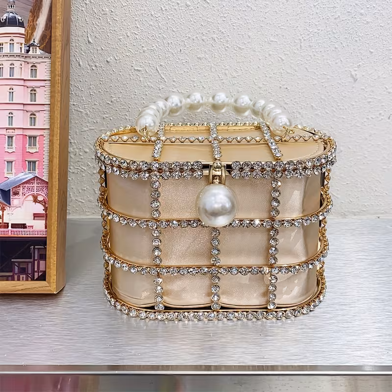 french metal vegetable basket inlaid diamond diamond bag evening hollow   pearl mobile phone clutch crossbody bag Product details 1