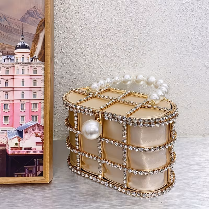 french metal vegetable basket inlaid diamond diamond bag evening hollow   pearl mobile phone clutch crossbody bag Product details 2