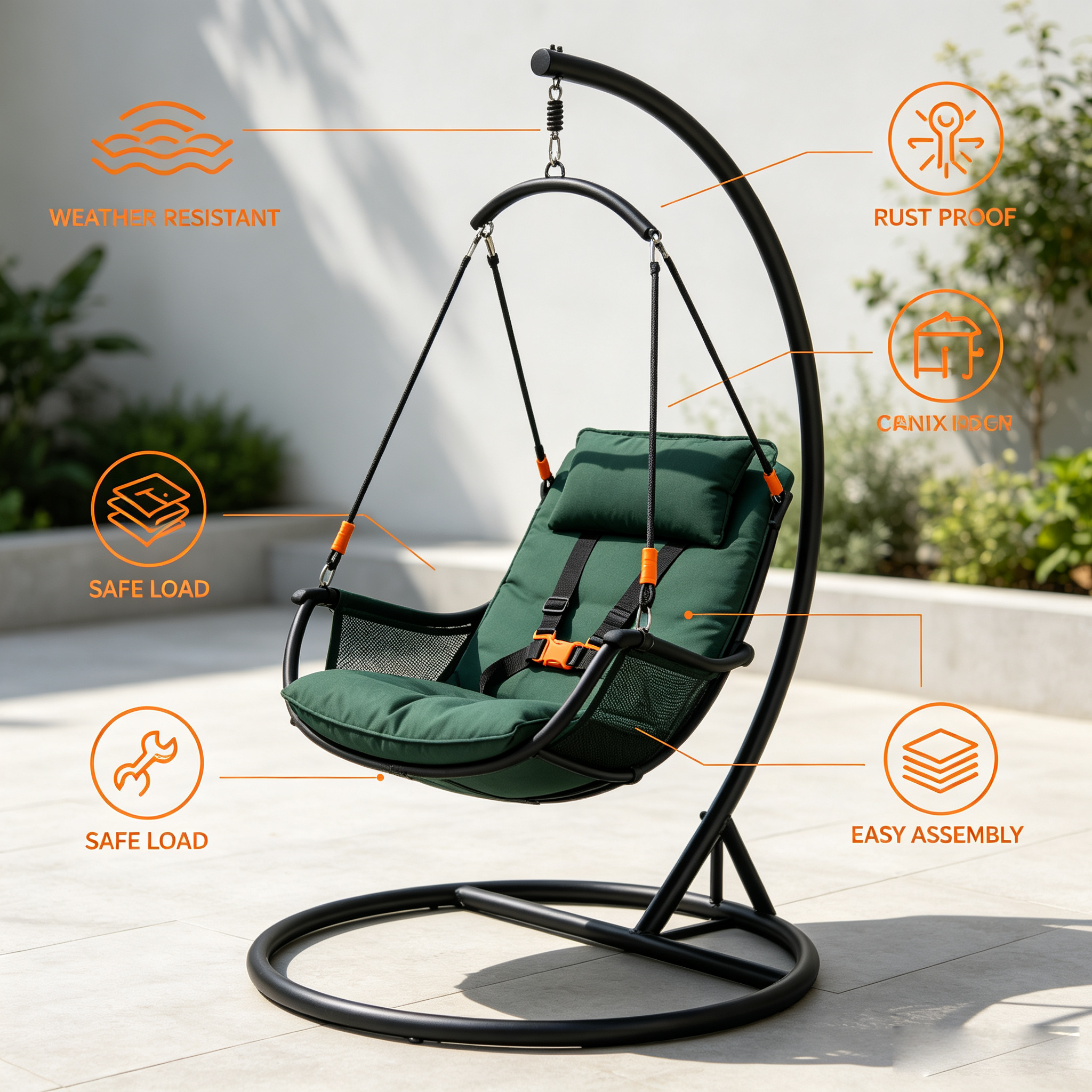 Outdoor Hanging Egg Chair with Stand Cushion and Safety Harness